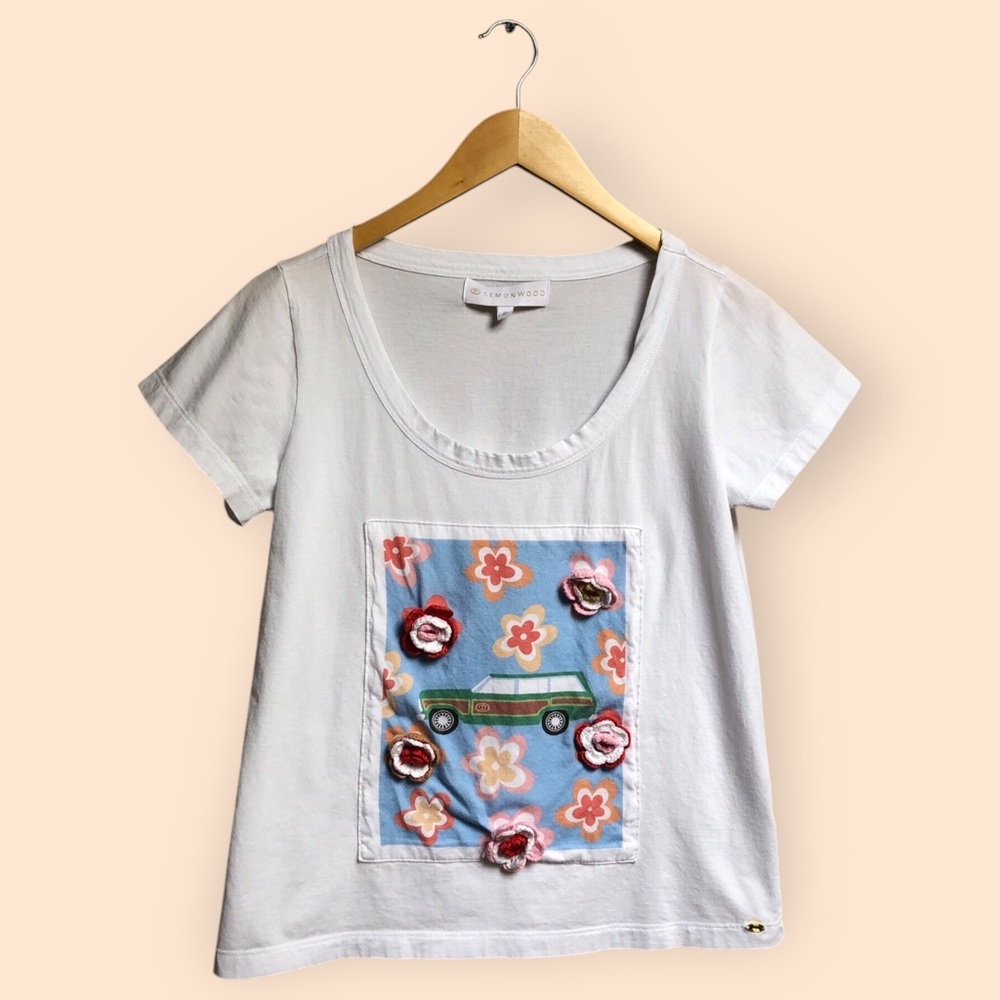 Lemonwood Retro Cotton T-shirt Classic Woody Car Crochet Knit Flowers Designer S